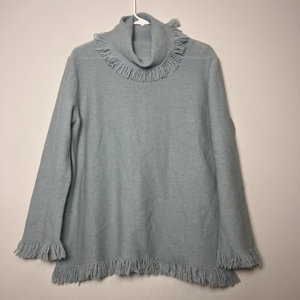 Vintage Nine West Women's Lambswool Sweater Fringed Turtleneck Sz XL Blue Boho